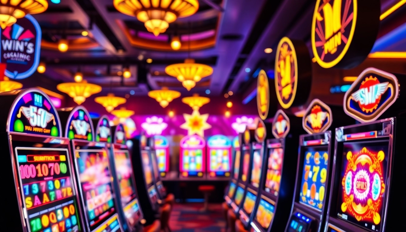 Jouez aux machines à sous en ligne dans un casino animé avec des lumières colorées.