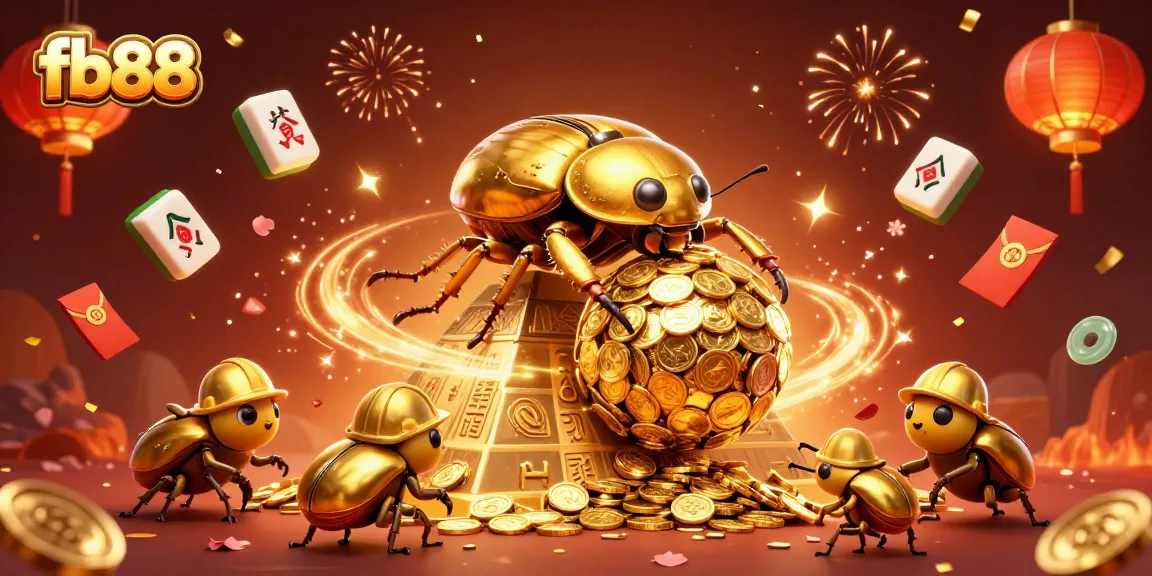 Experience an energetic scene with fb88 as golden beetles roll coins amidst festive gambling elements.