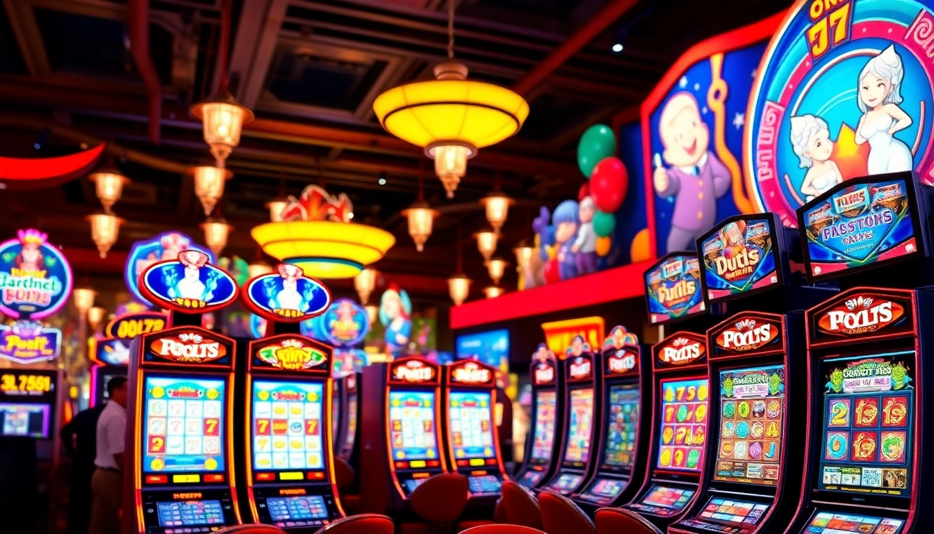 Jouez aux machines à sous en ligne avec une grande variété de machines colorées dans un casino animé.
