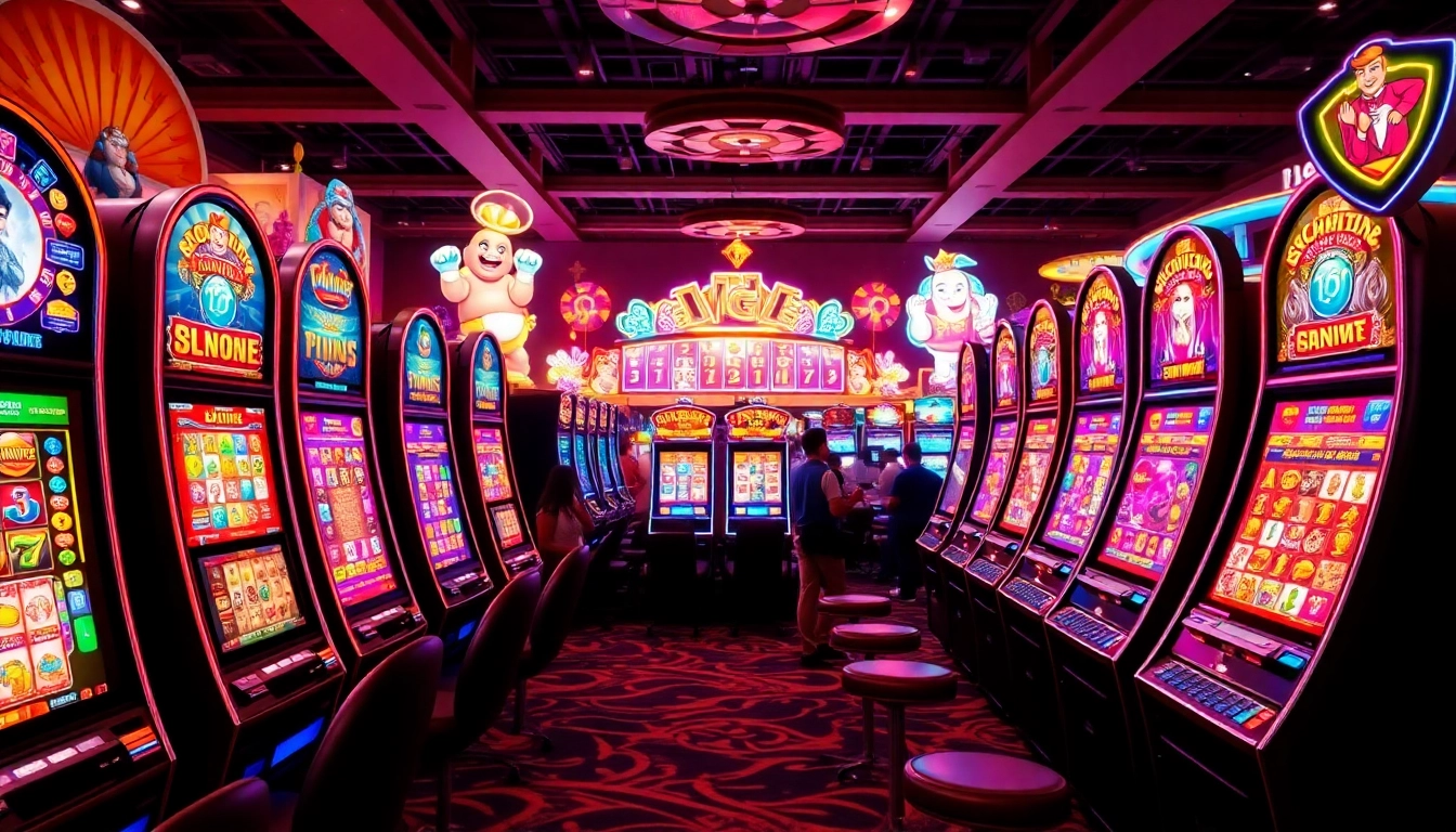 Jouez aux machines à sous en ligne avec une grande variété de machines colorées dans un casino animé. related image