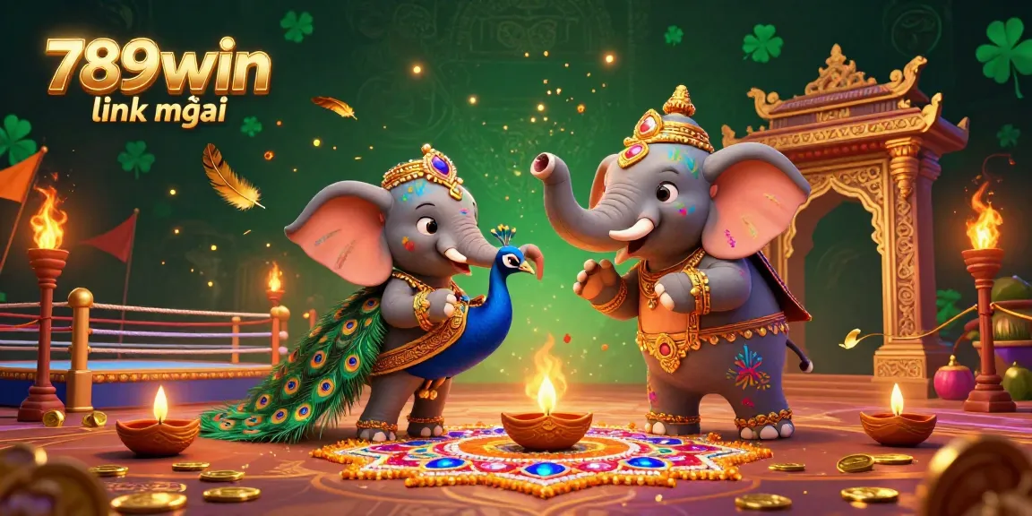 Engage with the 789win link mới in this vibrant 3D illustration showcasing a colorful elephant, peacock, and rich gambling elements.