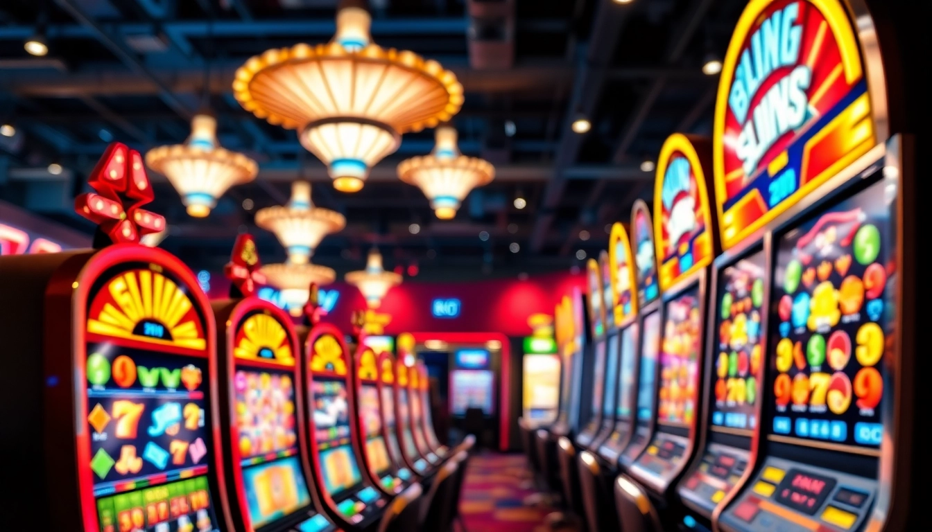 Jouez aux machines à sous en ligne dans un casino animé avec des lumières colorées. related image