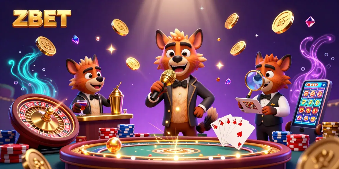 ZBET enhances the casino experience with hyena characters in a vibrant gambling scene featuring a comedian, bartender, and bouncer.