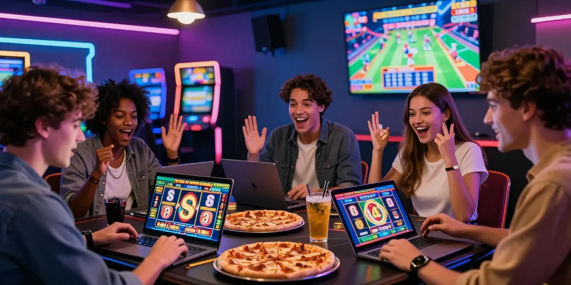 Des amis jouant ensemble sur des jeux de casino en ligne, ambiance festive avec ordinateurs portables et tablettes, casino en ligne.