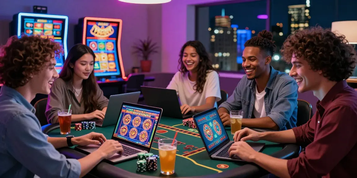 Casino en ligne France : amis jouant ensemble en ligne, ambiance joyeuse et moderne