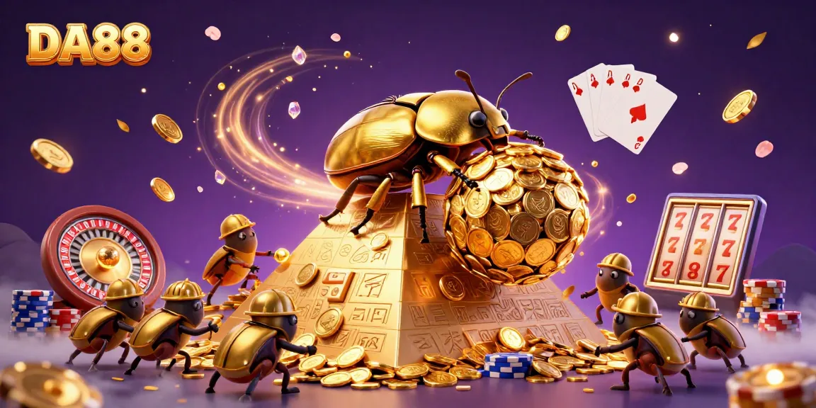 Experience DA88's dynamic casino scene with golden coins, beetles, and vibrant gaming elements.
