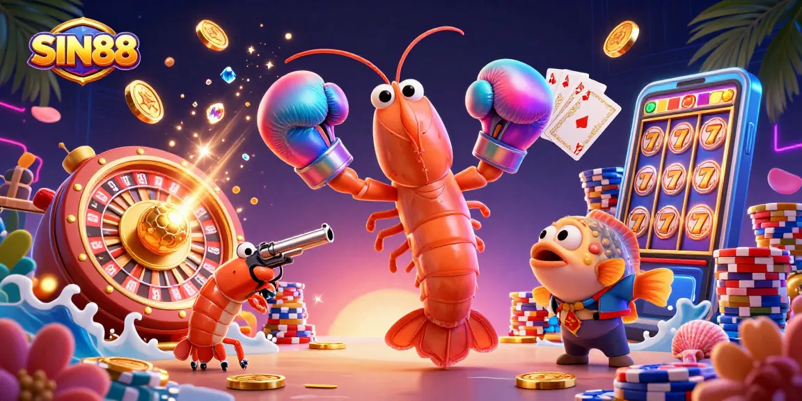 SIN88 features an energetic scene with a mantis shrimp and friends surrounded by casino elements.