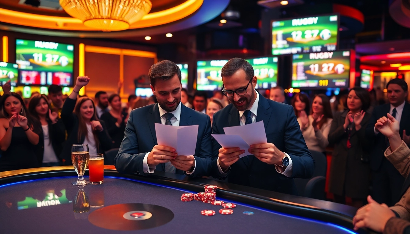 Pari sportif rugby devant un tableau de jeu en casino, ambiance électrisante.