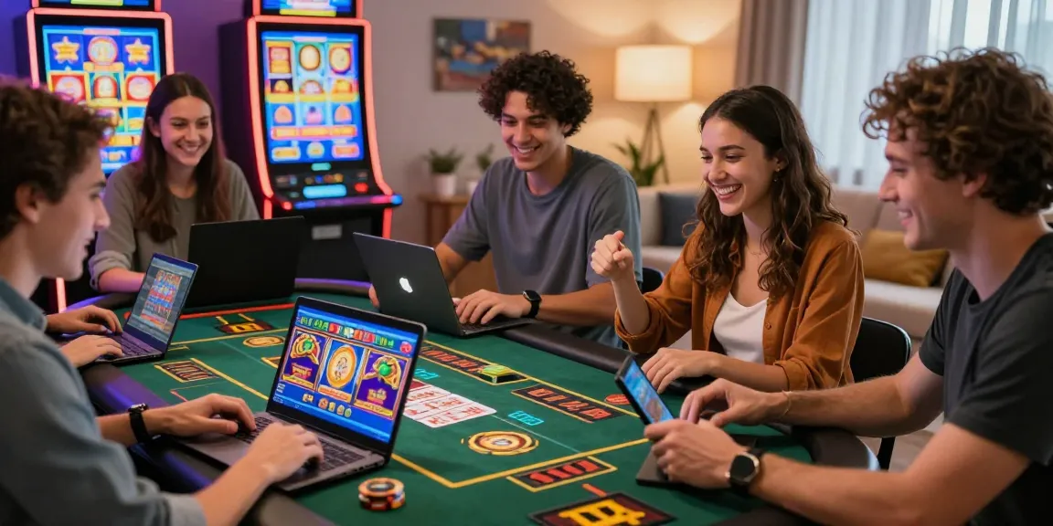 Joueurs s'amusant sur un casino en ligne légal en France, entourés de jeux colorés et d'une ambiance festive.