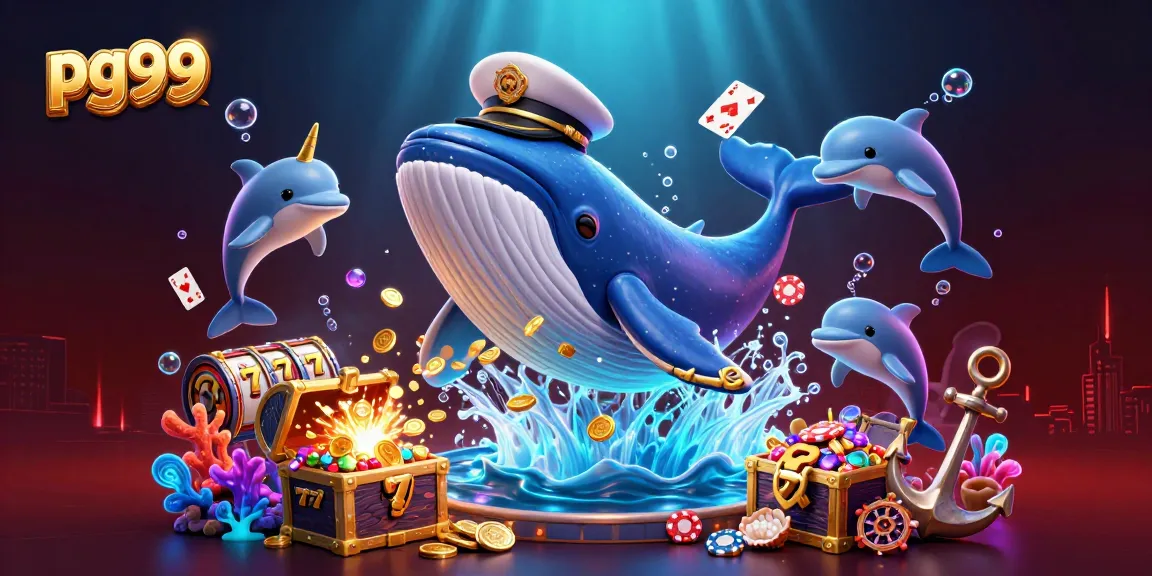 Experience exciting wins with pg99 in a vibrant underwater casino scene featuring a whale and dolphins.