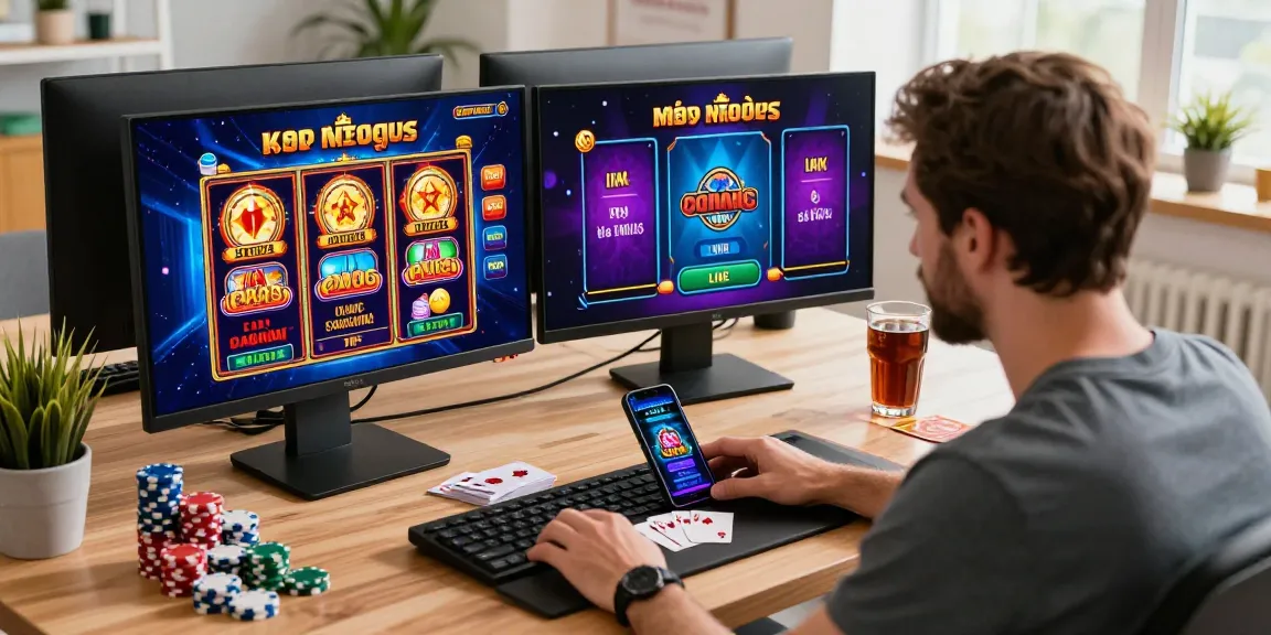 Un joueur engagé dans l'expérience d'un casino en ligne, entouré de jeux variés, de jetons de poker et d'une ambiance dynamique.