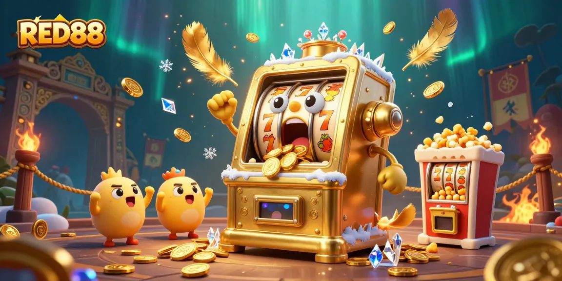 RED88 slot machine hits jackpot, surrounded by cheering mini slots and golden coins.