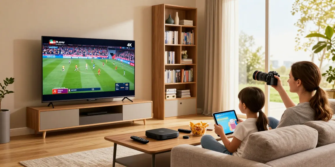 Famille profitant de l'abonnement IPTV sur un téléviseur 4K dans un salon chaleureux.