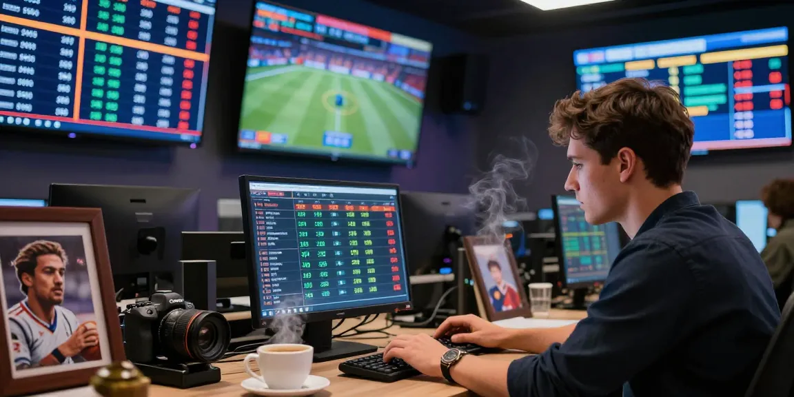 Scène de paris sportifs sur un bookmaker sans limite de mise avec des cotes affichées en direct et un parieur concentré.
