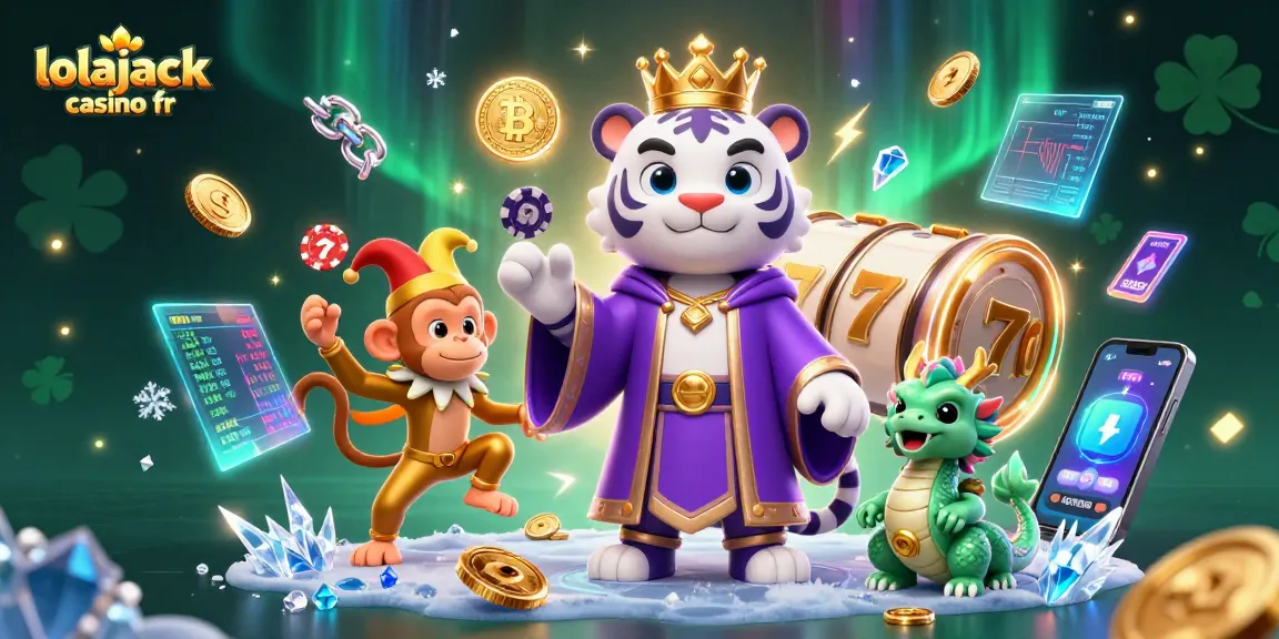 Experience the excitement of lolajack casino fr with animated characters, slot reels, and cryptocurrency coins.