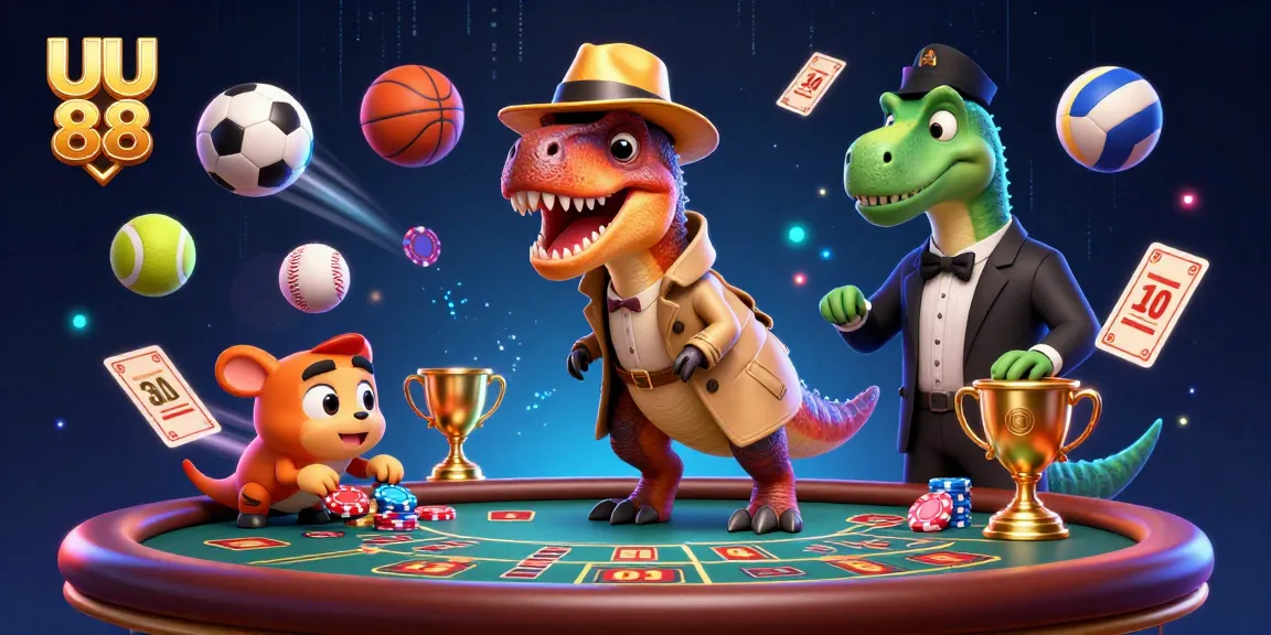 Experience thrilling action with UU 88 as cartoon velociraptors engage in blackjack gambling at a lively casino.