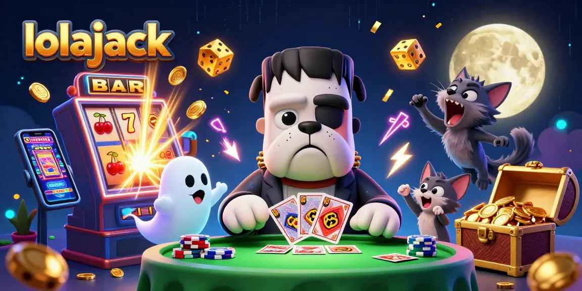 Experience the thrill at lolajack casino with a whimsical Frankenstein bulldog dealing cards amidst an exciting gaming atmosphere.