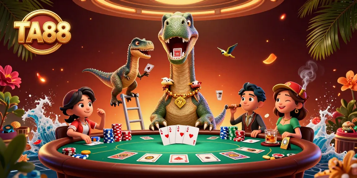 TA88 casino scene featuring a giant brontosaurus and clever raptor dealing cards above a poker table.