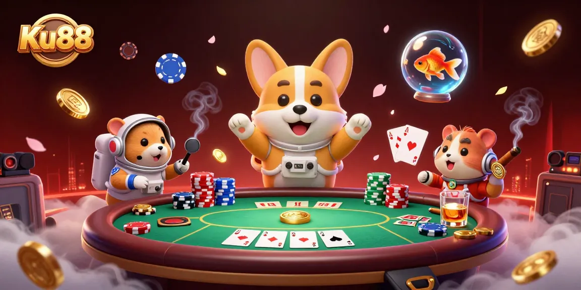 Experience the excitement of Ku88 in this dynamic space casino scene with a quirky astronaut corgi.