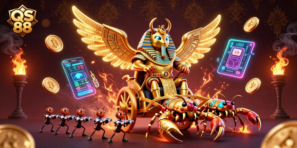 Engage with QS 88 high-stakes gaming while witnessing a spectacular 3D illustration of a scarab beetle and scorpions in action.