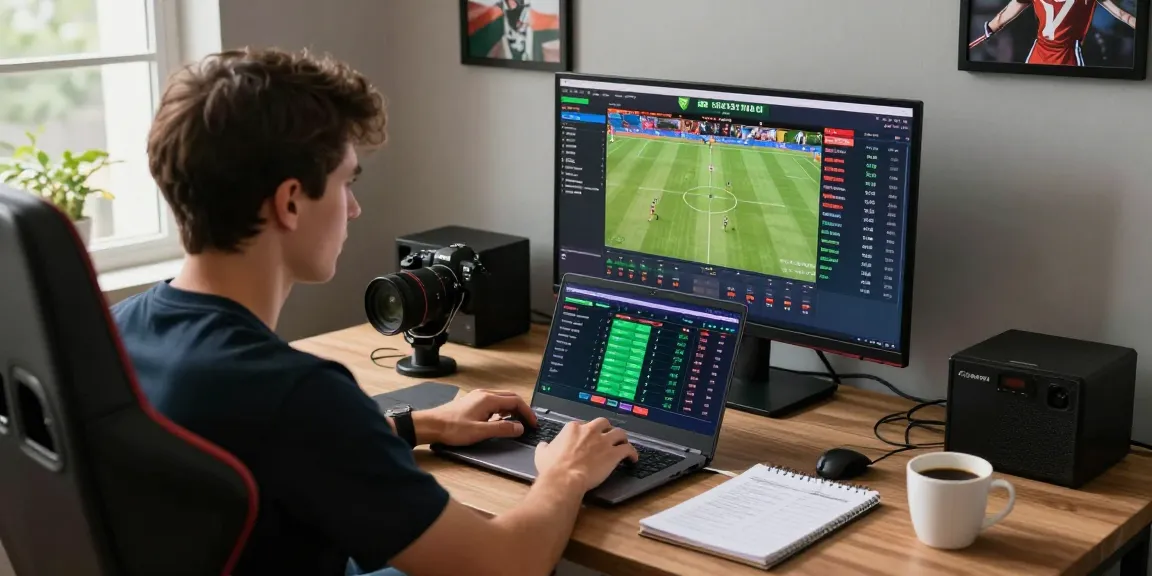 Un bookmaker sans limite de mise montre un parieur s'installant dans un bureau moderne pour placer des paris sportifs en ligne, avec des statistiques à l'écran et une ambiance concentrée.