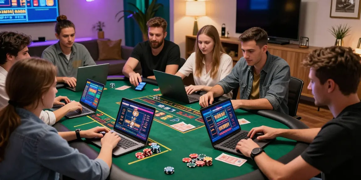Joueurs dans un site casino en ligne profitant de jeux de table interactifs et de machines à sous, ambiance dynamique et amusante.