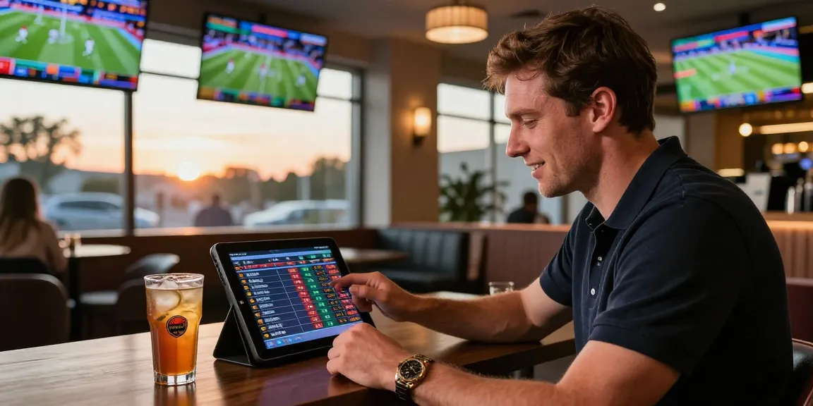 bookmaker sans limite de mise dans un environnement de paris sportifs haut de gamme, parieur avec tablette et écrans de match.