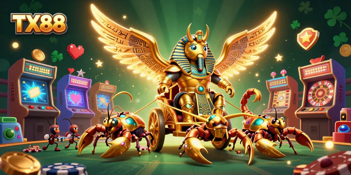 Experience the thrill of TX88 with vibrant 3D casino elements featuring a colossal scarab beetle and poker chips.