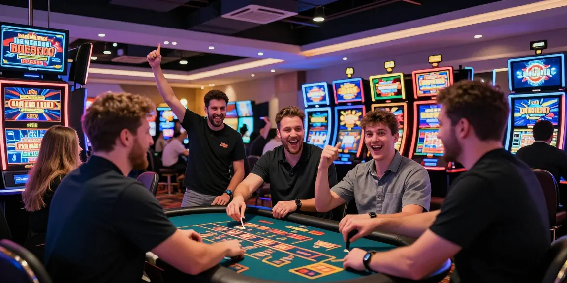 Casino en ligne vibrant avec des joueurs célébrant leurs gains, ambiance festive et moderne.