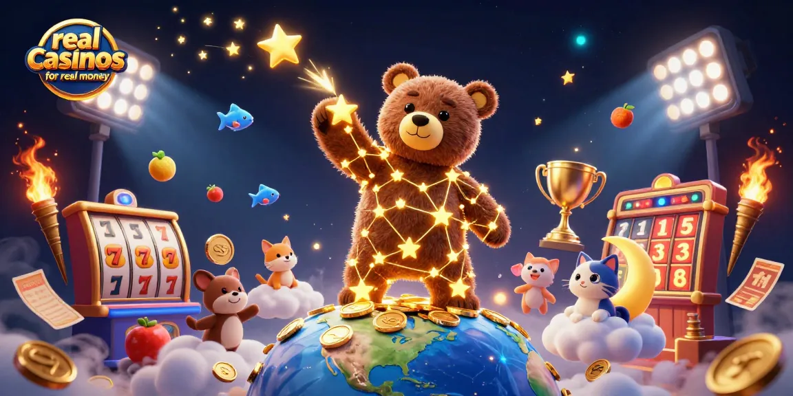 Experience the excitement of real casinos for real money with a vibrant 3D illustration featuring a constellation bear and casino elements.