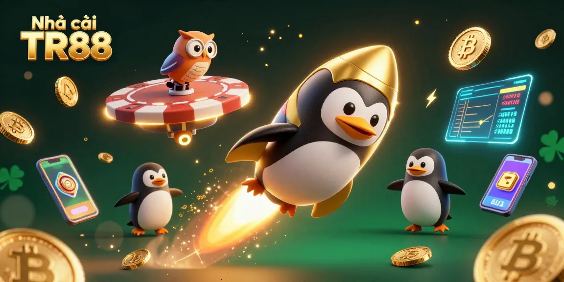 Experience treasure hunting at Nhà cái TR88, featuring a golden penguin and vibrant crypto elements.