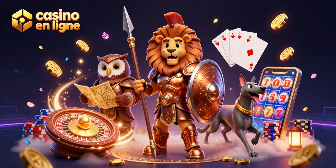 Joue au casino en ligne avec des machines à sous, jetons colorés et une ambiance festive.