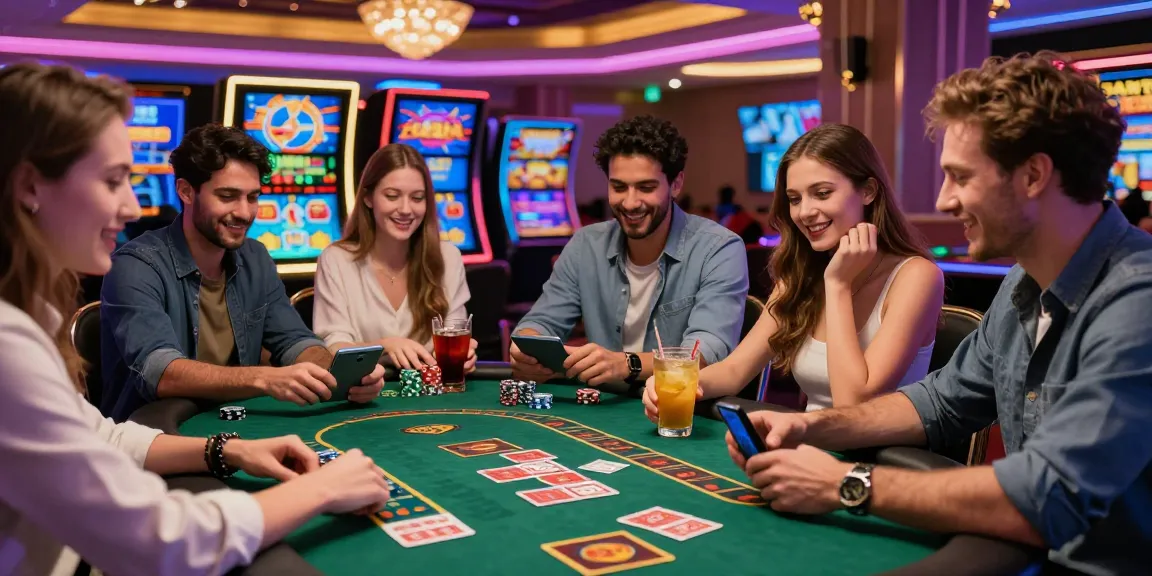 Scène de casino en ligne avec amis jouant à des jeux de casino, ambiance festive et jeux passionnants.