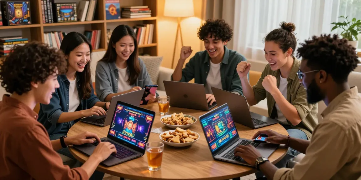 Scène de casino en ligne avec des amis jouant ensemble, profitant de jeux sur leurs ordinateurs et smartphones dans une ambiance chaleureuse.