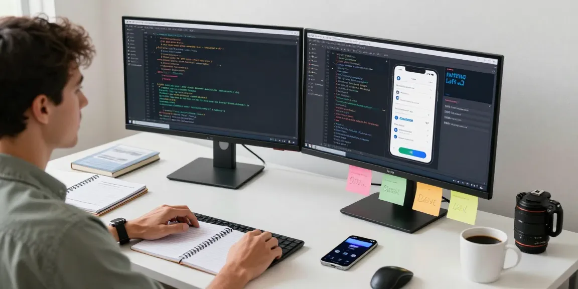 Application espion sur un bureau moderne d'un développeur, affichant des interfaces mobiles et des notes.