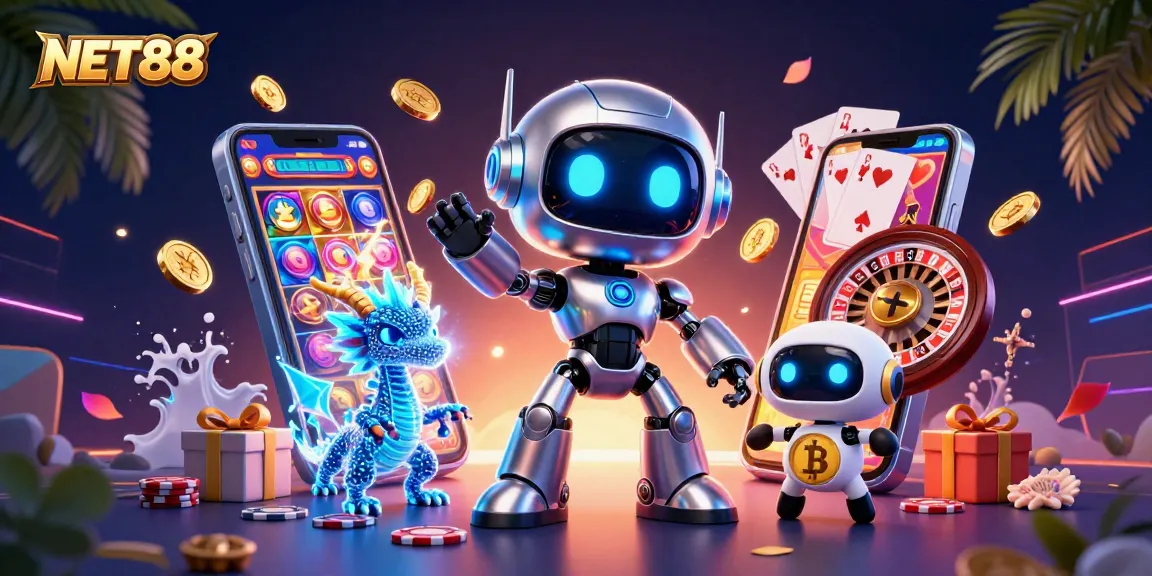 NET88 offers an exciting casino experience with a dynamic 3D robot and vibrant game elements.