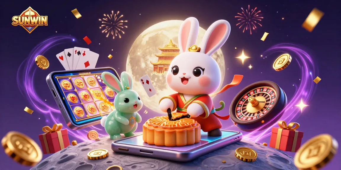 SUNWIN casino illustration featuring a magical moon rabbit scene with gambling elements.