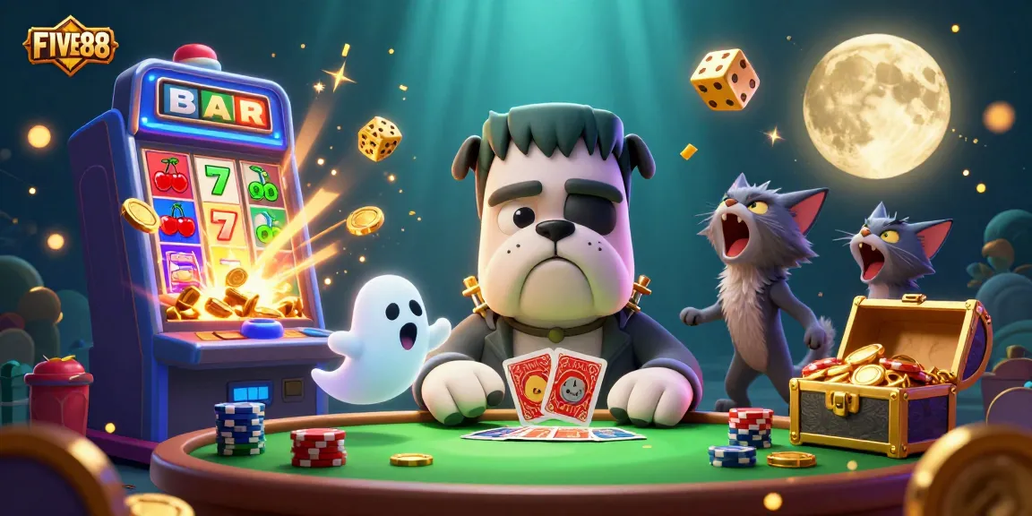 Join the FIVE88 adventure with a Frankenstein bulldog dealing cards at a vibrant casino table.
