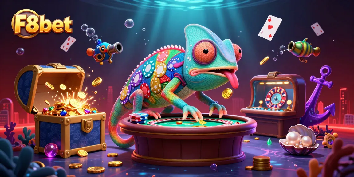 F8bet's vibrant casino scene showcasing a chameleon owner surrounded by gleaming treasures and poker elements.