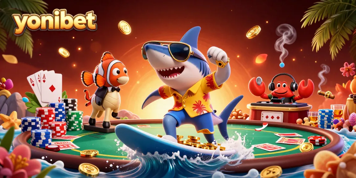 Experience thrilling gameplay at yonibet with an ultra-detailed 3D casino scene featuring a shark, clownfish, and crab DJ.