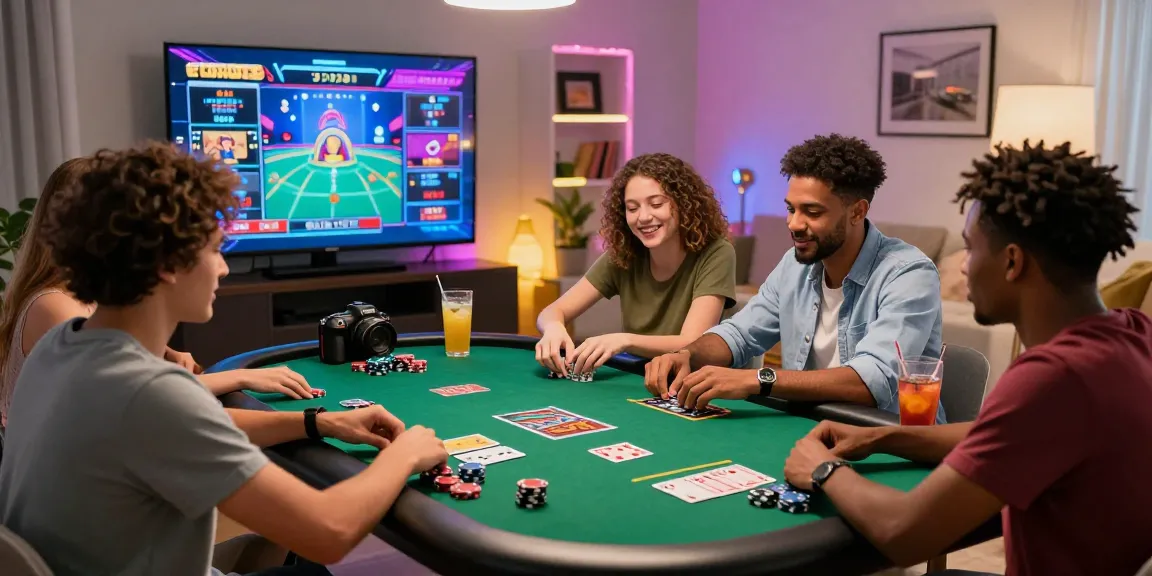 Jeux de casino en ligne avec des amis, ambiance animée dans un cadre moderne.