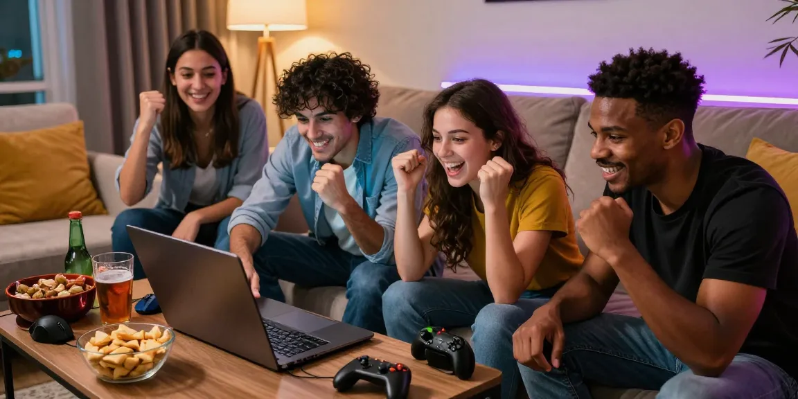 Amis jouant ensemble à un casino en ligne, ambiance festive et conviviale.