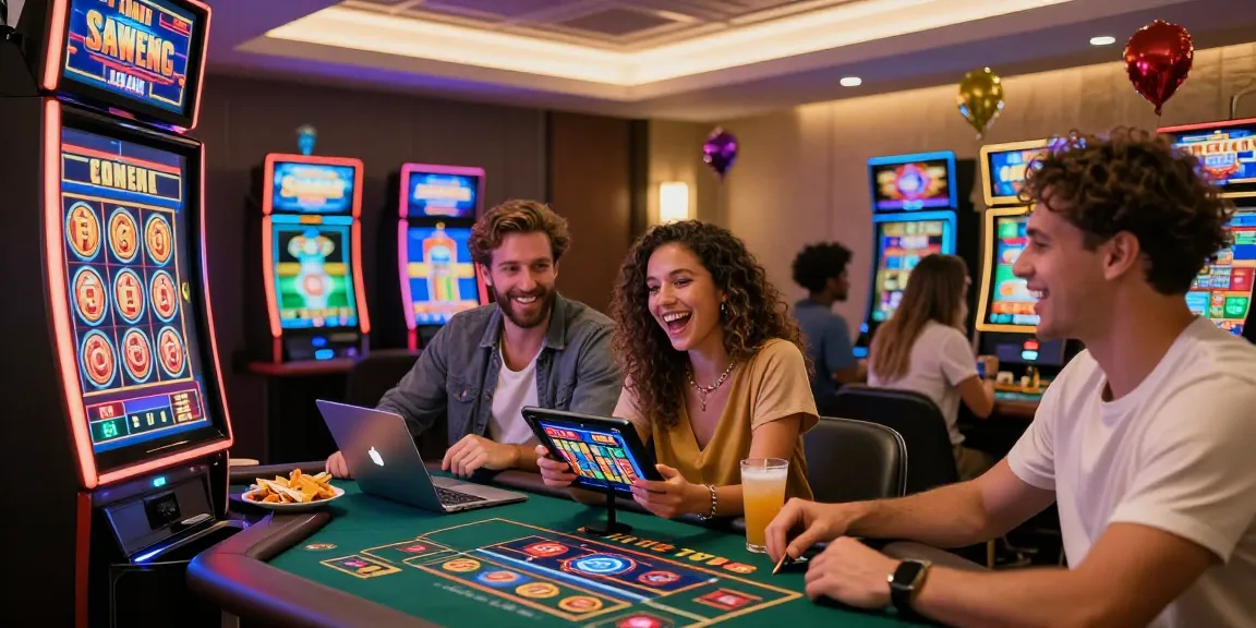 Scène de casino en ligne avec des amis jouant ensemble, célébrant des gains dans une ambiance festive.