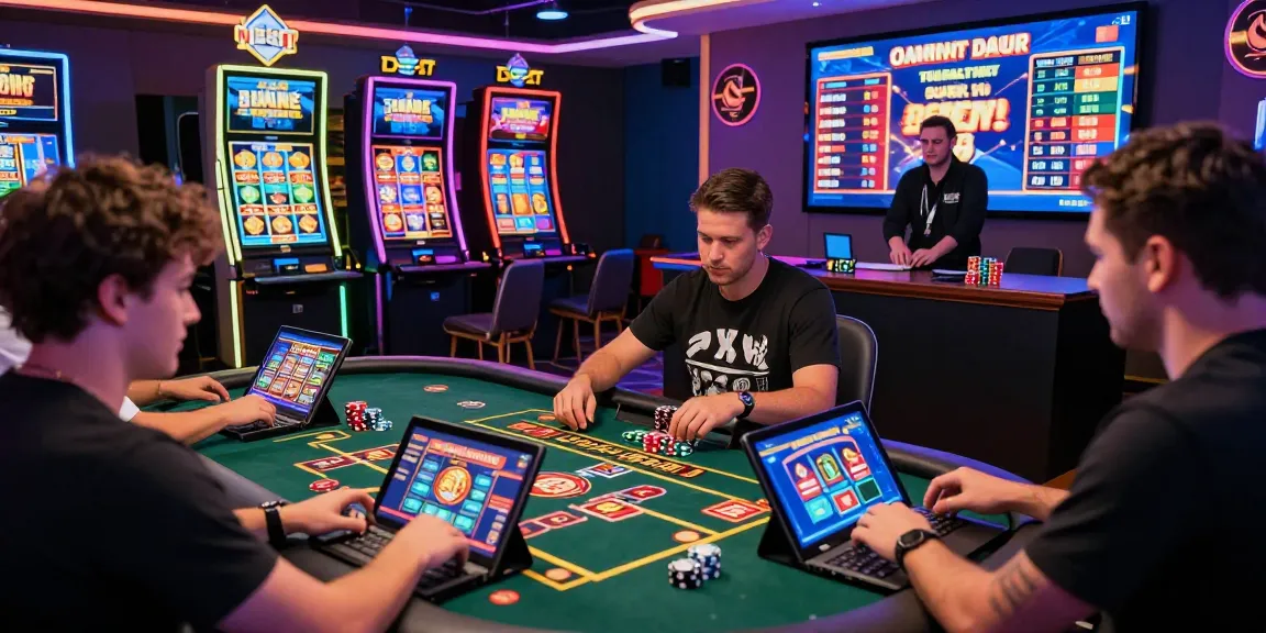 Joueurs engagés dans un casino en ligne, découvrant des machines à sous et des jeux de table.
