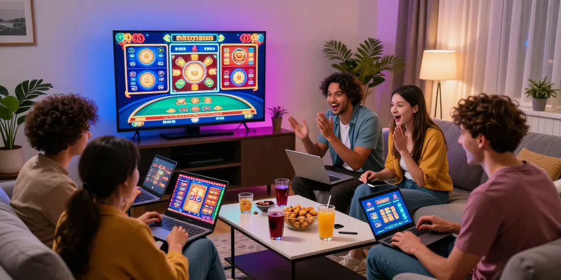 Scène de casino en ligne avec des amis jouant ensemble, montrant l'excitation des jeux en ligne et une ambiance conviviale.