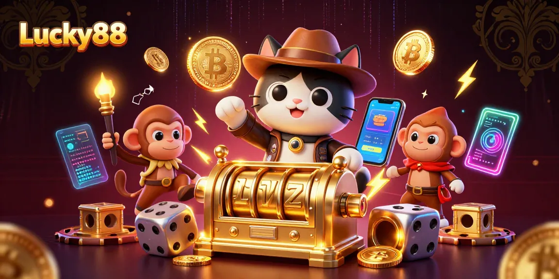 Engage with a vibrant Lucky88-themed scene featuring an explorer cat and casino elements.