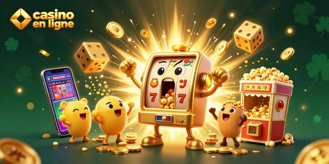 Un casino en ligne animé avec des machines à sous explosant de pièces d'or et des personnages joyeux