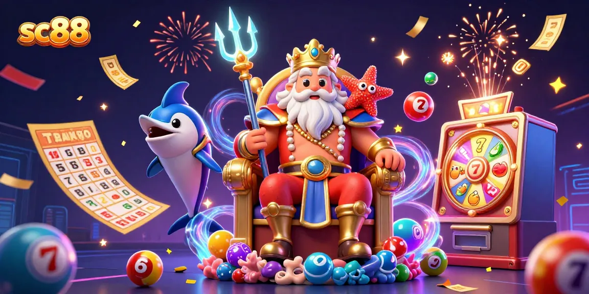 Experience vibrant sc88 gaming with Neptune and cascading lottery elements in this 3D illustration.