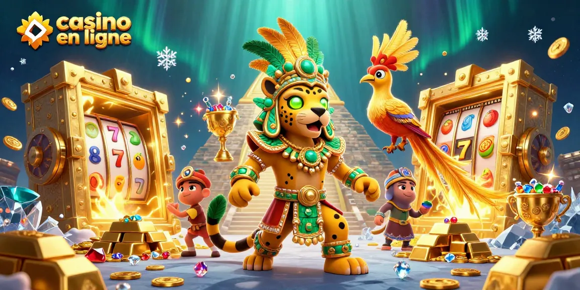 Plongez dans le monde des casinos en ligne avec cette illustration dynamique de jeux et trésors.
