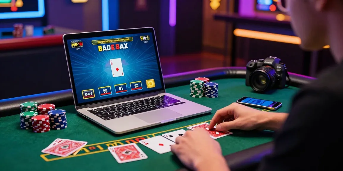 Joueur utilisant un casino en ligne sur portable avec cartes et jetons, ambiance excitante.